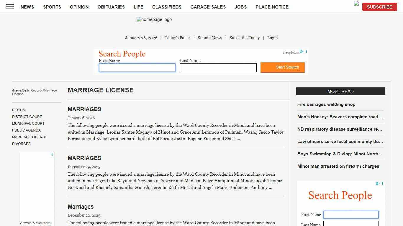 Marriage License News, Sports, Jobs - Minot Daily News